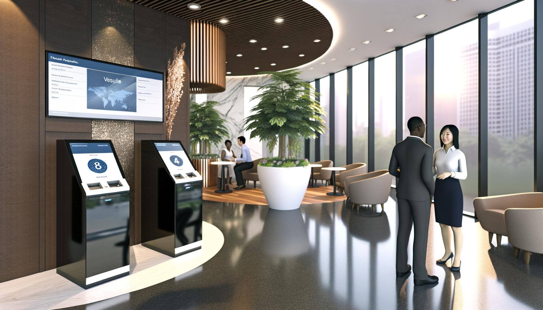 Visualize a contemporary bank interior furnished with glossy, digital kiosks equipped with touch screens, designed for customers to conduct their busi